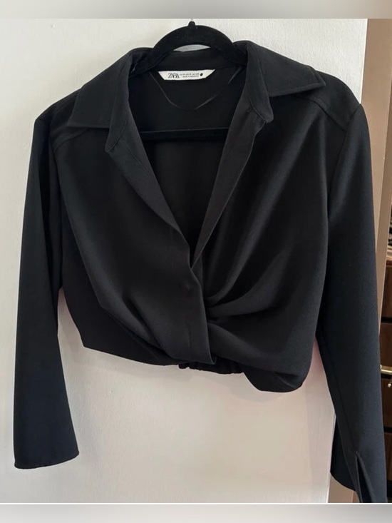 Zara Tops - Zara Black Twist-Front Long-Sleeve Button-Down Shirt